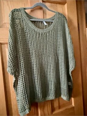 Olive Green Open Knit Dolman Sweater | Boho Lightweight Pullover | XL